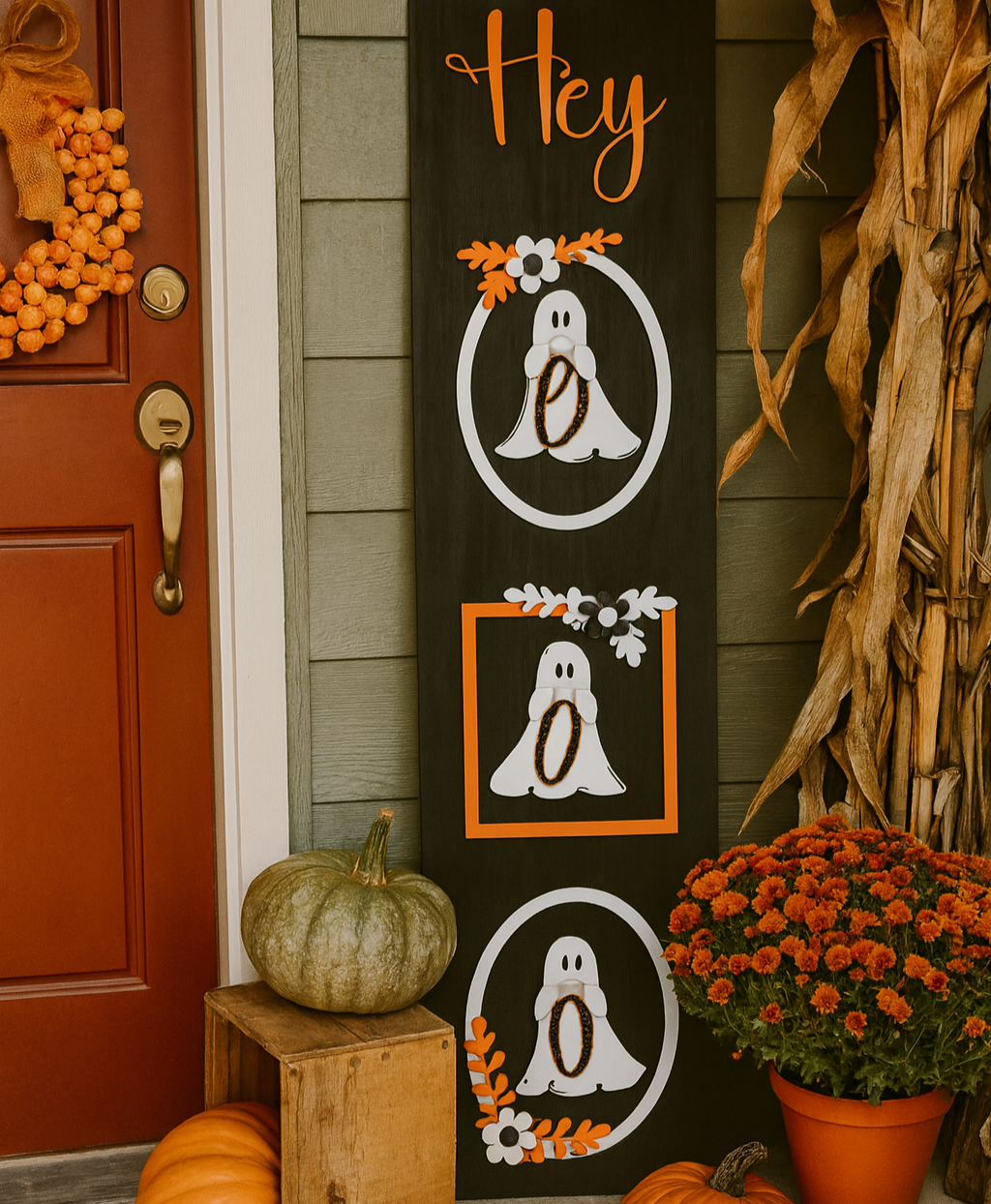 Decorative Halloween sign with ghosts and pumpkins on a porch with pumpkins and flowers.