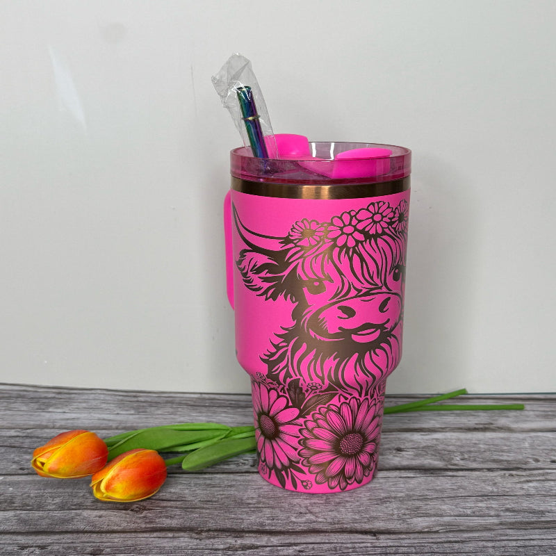 Highland Cow Full Wrap 40 oz Pink with Copper Core Tumbler with Straw P13175