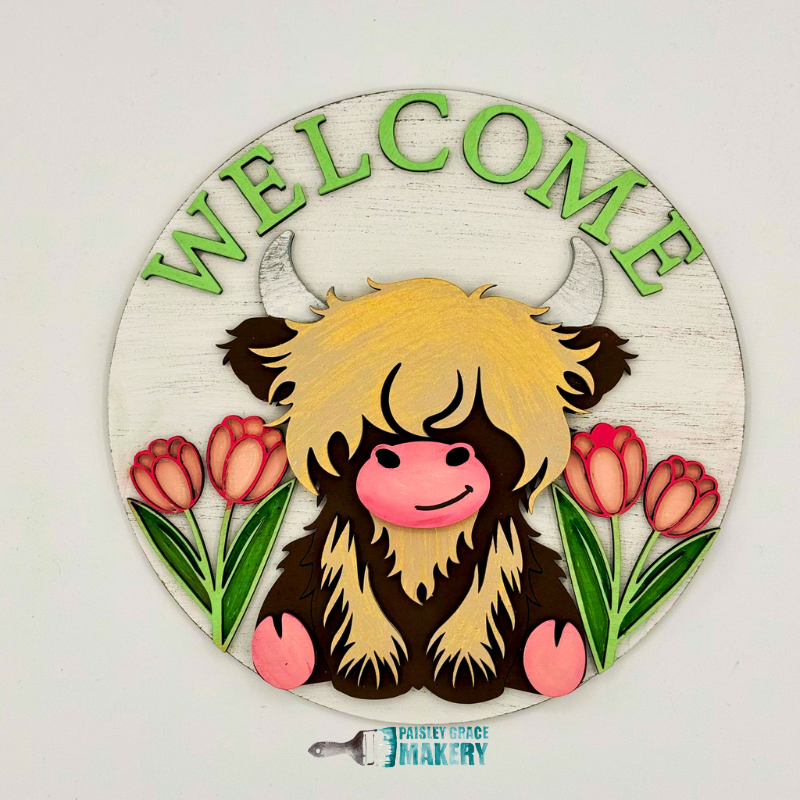 Highland Cow with Tulips Welcome Door Hanger G336