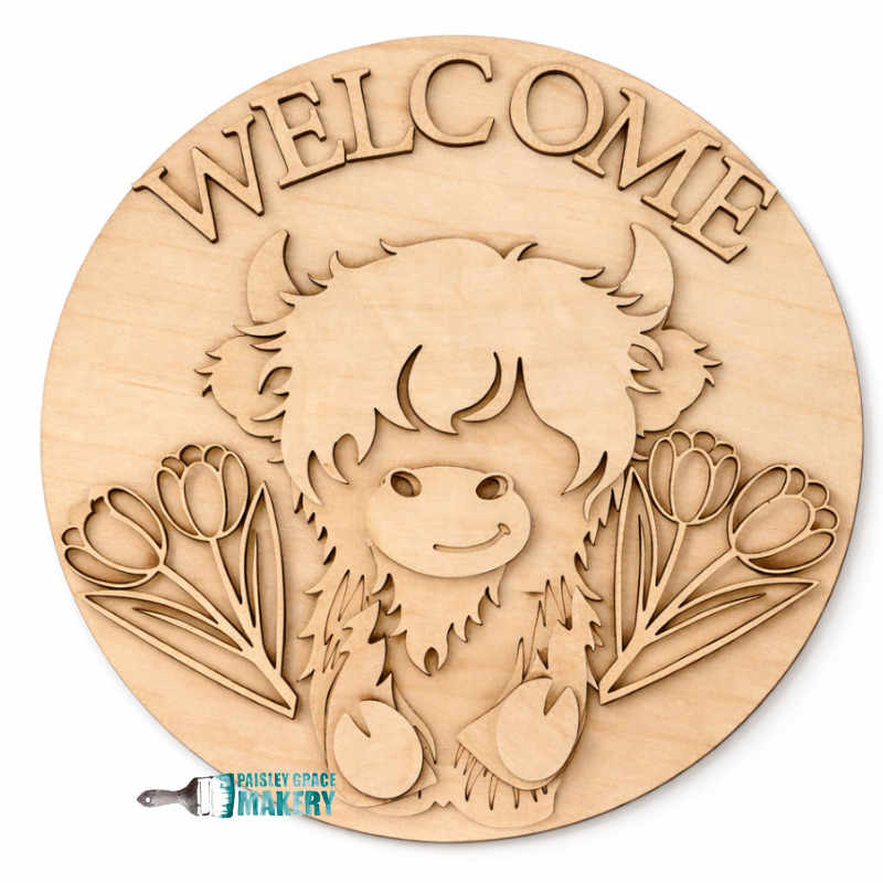 Highland Cow with Tulips Welcome Door Hanger G336