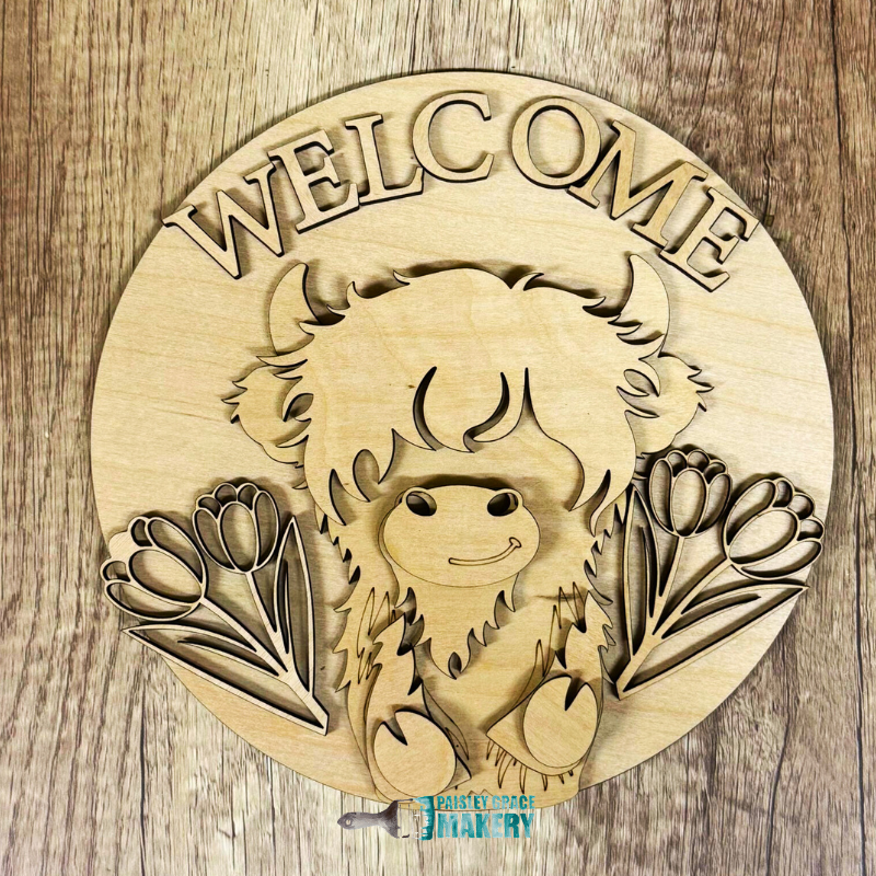 Highland Cow with Tulips Welcome Door Hanger G336