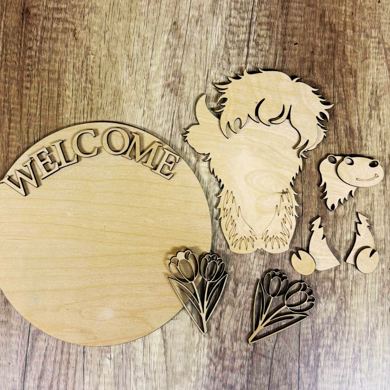 Highland Cow with Tulips Welcome Door Hanger G336