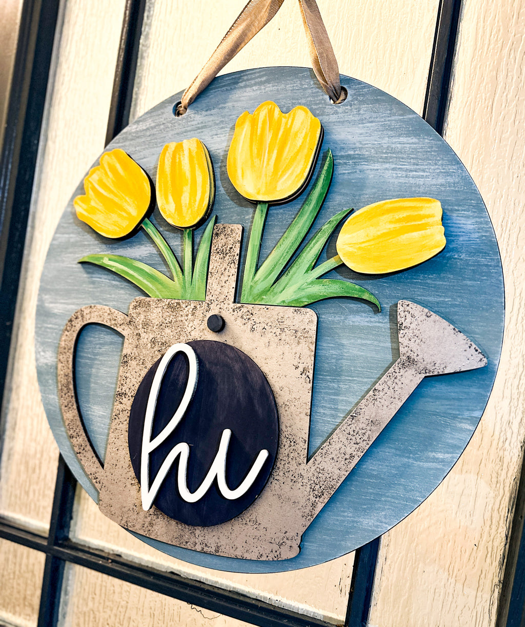 Hi with Watering Can and Tulips Spring Door Hanger P03528