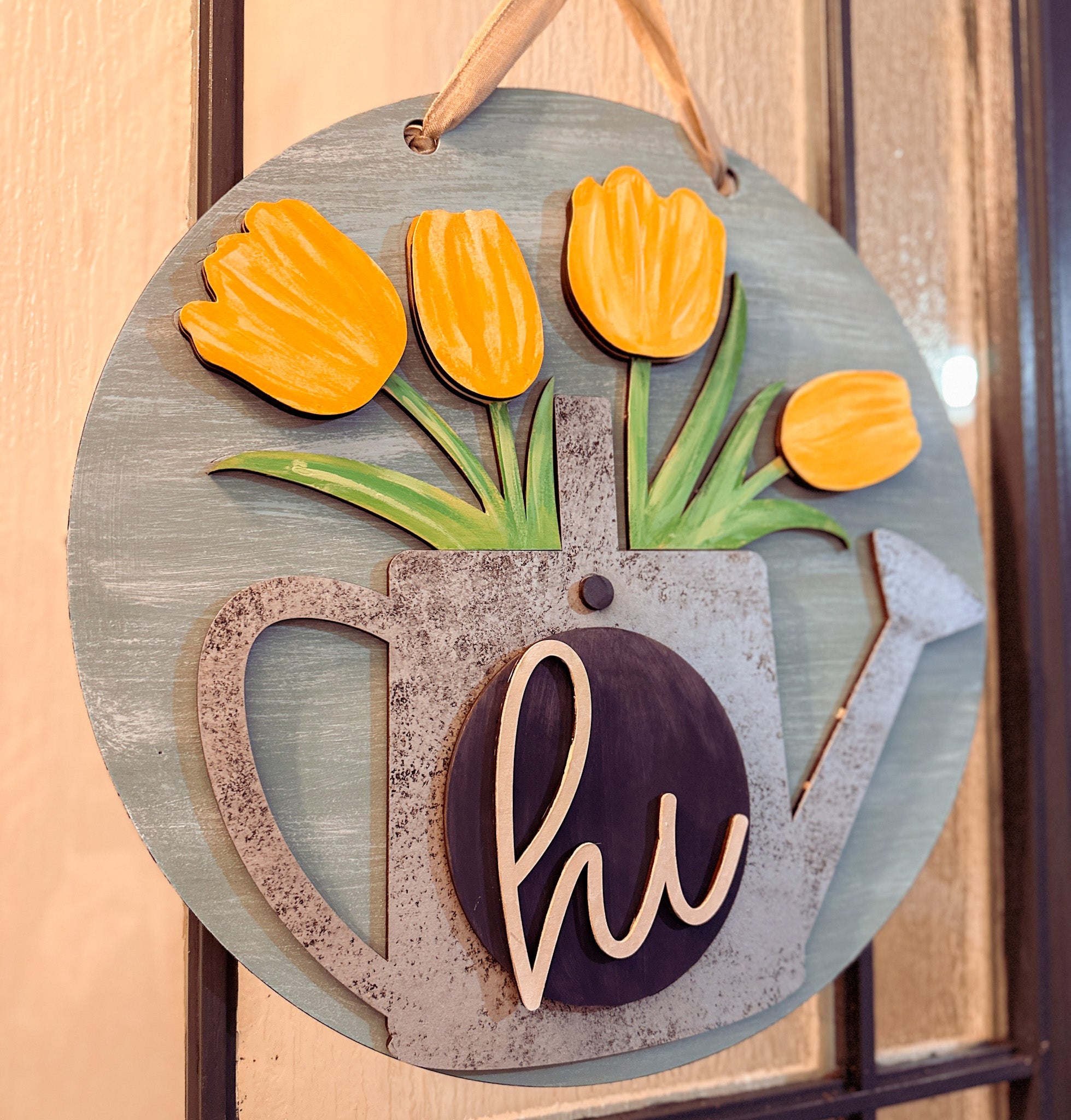 Hi with Watering Can and Tulips Spring Door Hanger P03528