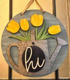 Hi with Watering Can and Tulips Spring Door Hanger P03528