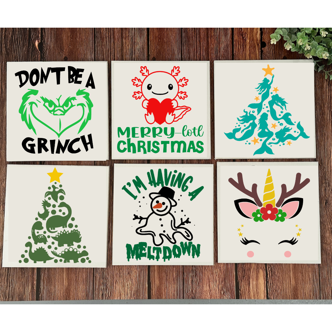Six winter and holiday wood sign designs for classrooms including Merry-lotl Christmas, snowman meltdown and Christmas trees