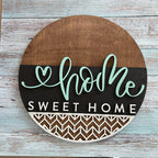 Wooden sign with 'home sweet home' text on a wooden surface