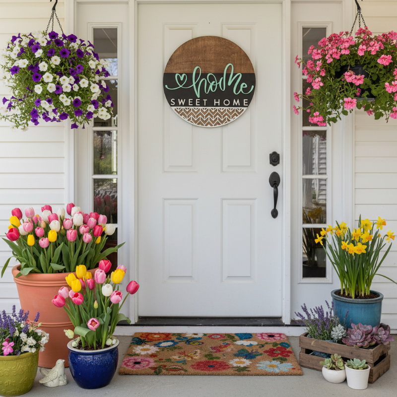 Front door with 'Home Sweet Home' sign, flowers, and plants on a porch.
