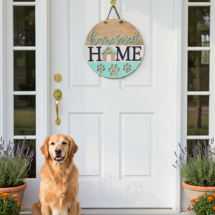 Dog sitting on a doormat in front of a white door with a 'Home Sweet Home' sign.