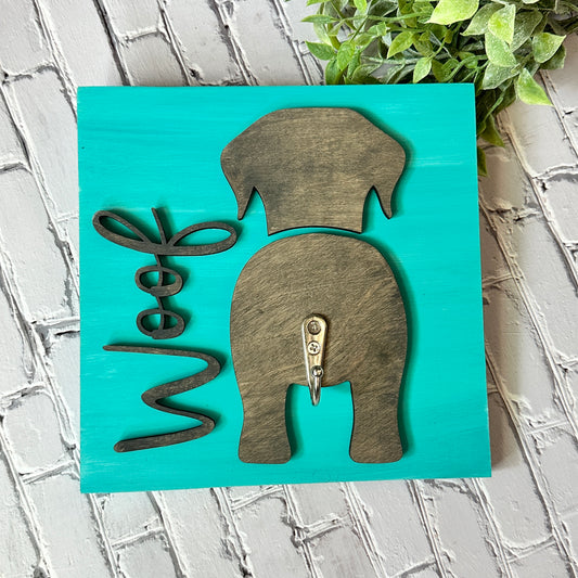 PAINTED Teal Woof Leash Holder 8x8"