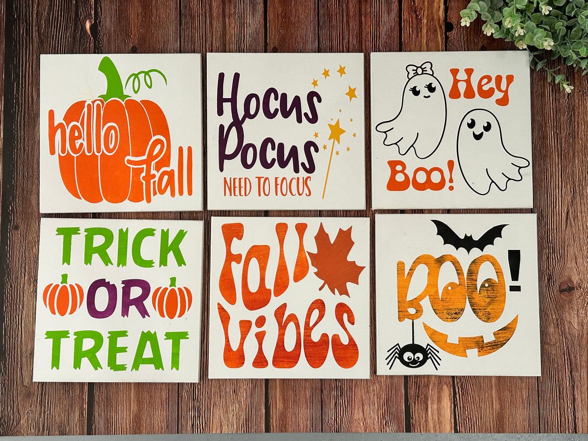 Six fall and Halloween wood sign designs for classrooms: Hello Fall, Hocus Pocus, Hey Boo, Trick or Treat, Fall Vibes and Boo