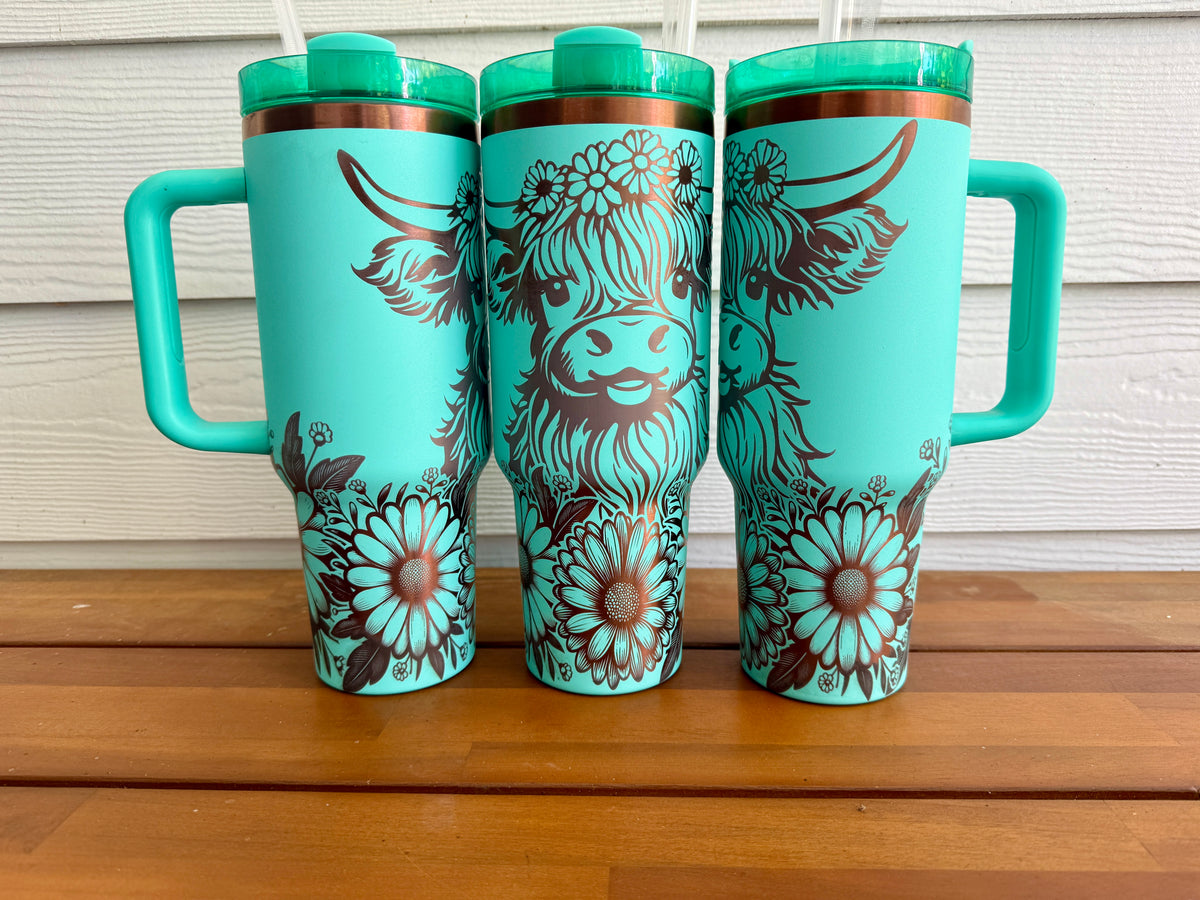 Highland Cow Full Wrap 40 oz Teal with Copper Core Tumbler with Straw P13175