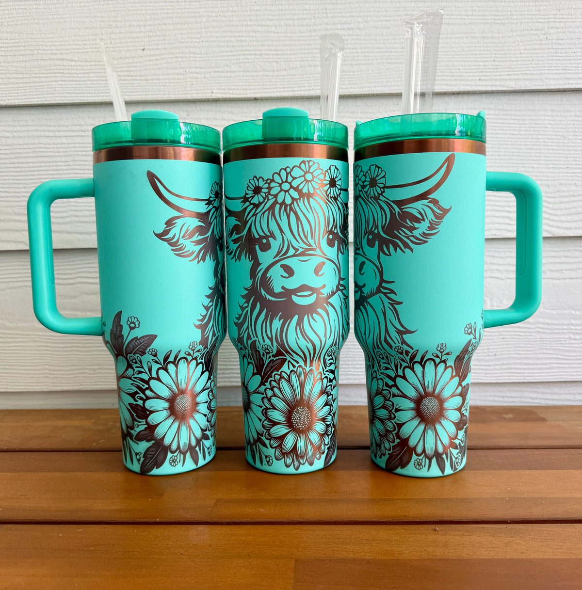 Highland Cow Full Wrap 40 oz Teal with Copper Core Tumbler with Straw P13175