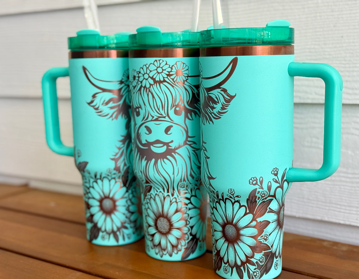 Highland Cow Full Wrap 40 oz Teal with Copper Core Tumbler with Straw P13175