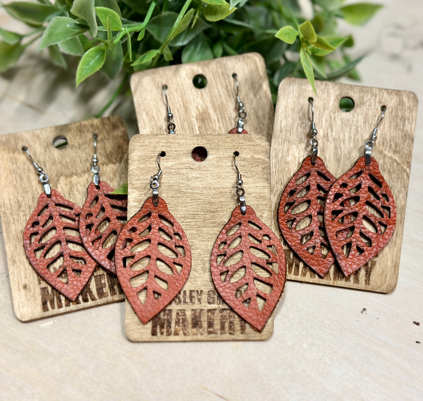 Tear Drop Leather Cut Earrings Burnt Red Leather Earrings P13146