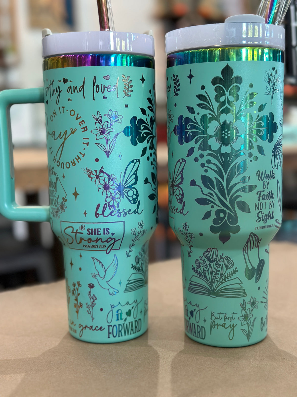 Floral Cross with Scripture 40 oz Rainbow Core Tumbler with Straw P13177