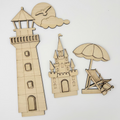 Wooden cutouts of a lighthouse, castle, umbrella, and chair on a white background