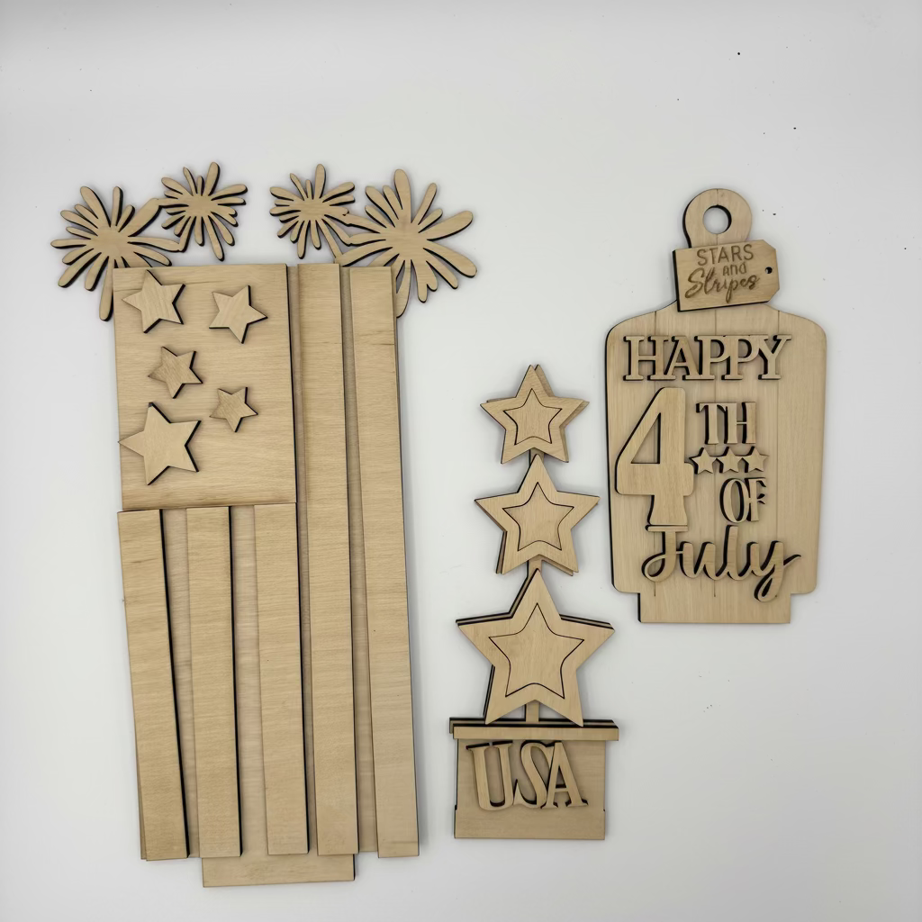 Wooden patriotic decorations including an American flag, stars, and 'Happy 4th of July' sign on a white background.