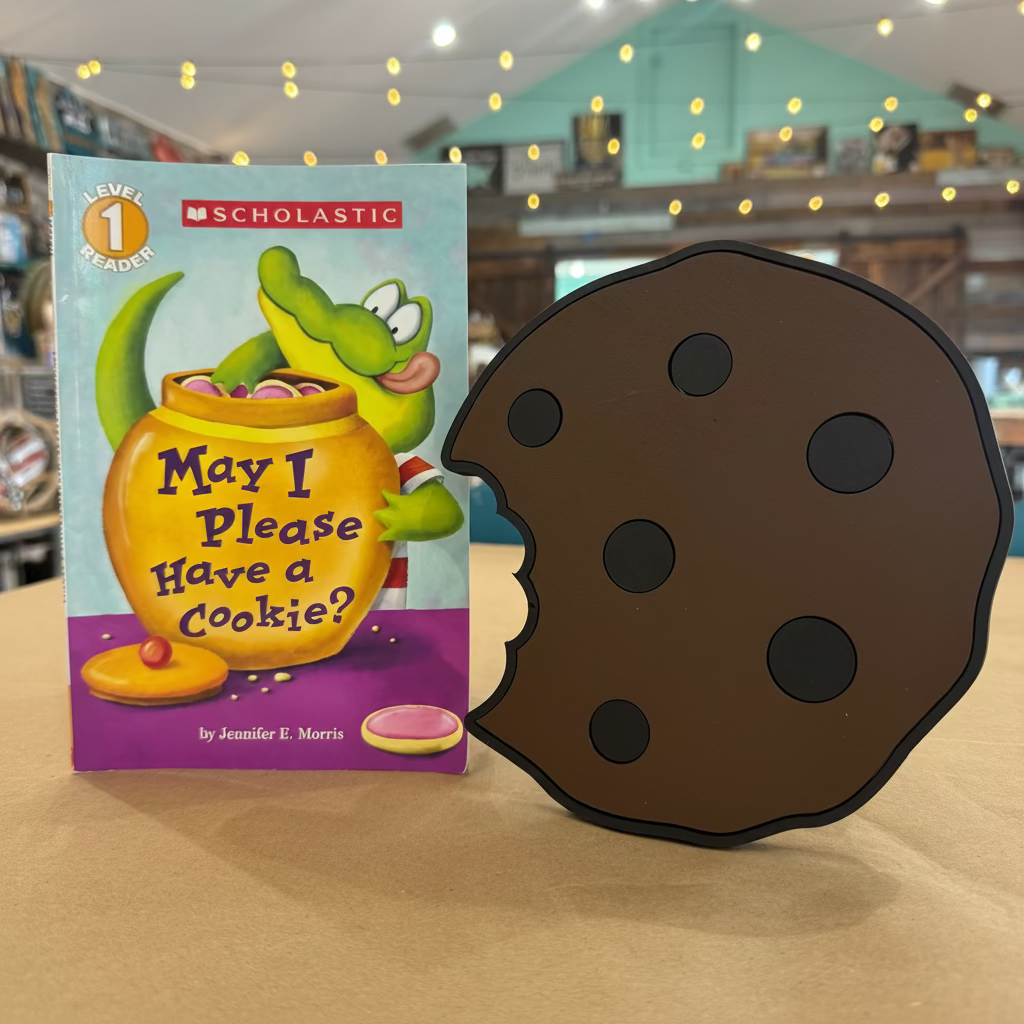 Children's book titled 'May I Please Have a Cookie?' by Scholastic next to a chocolate cookie-shaped object on a wooden surface.