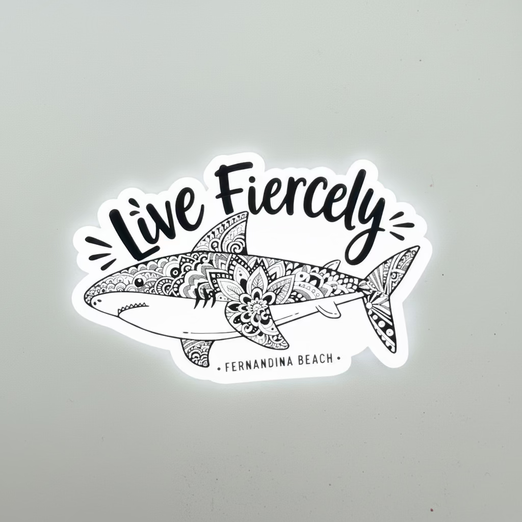 A die-cut sticker featuring a black and white hand-drawn shark with intricate floral mandala patterns, the text 'Live Fiercely' in a stylized font, and 'FERNANDINA BEACH' at the bottom, shown on a plain light gray background.