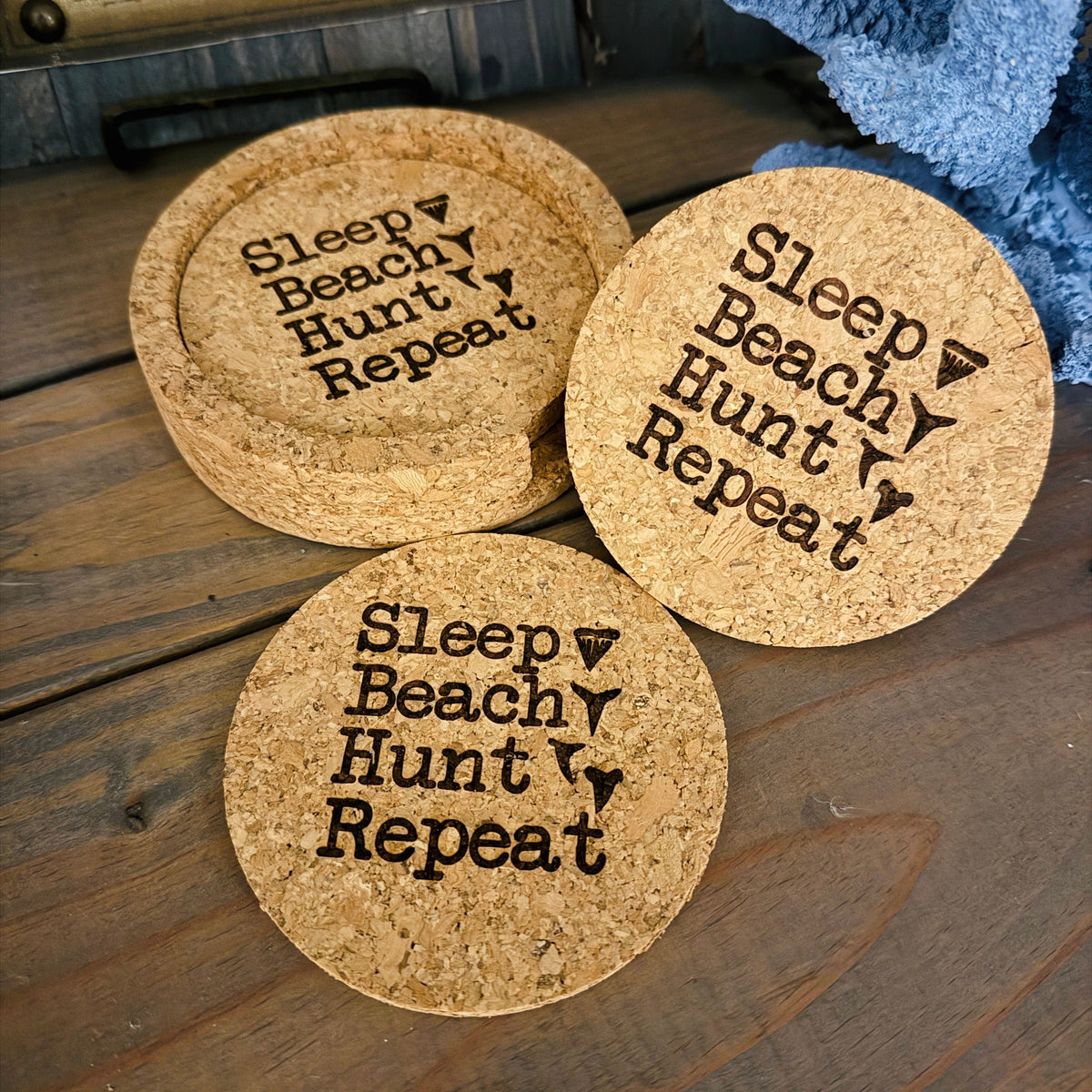 Sleep. Beach. Hunt. Repeat Shark Teeth Cork Coaster Set with Holder P13495