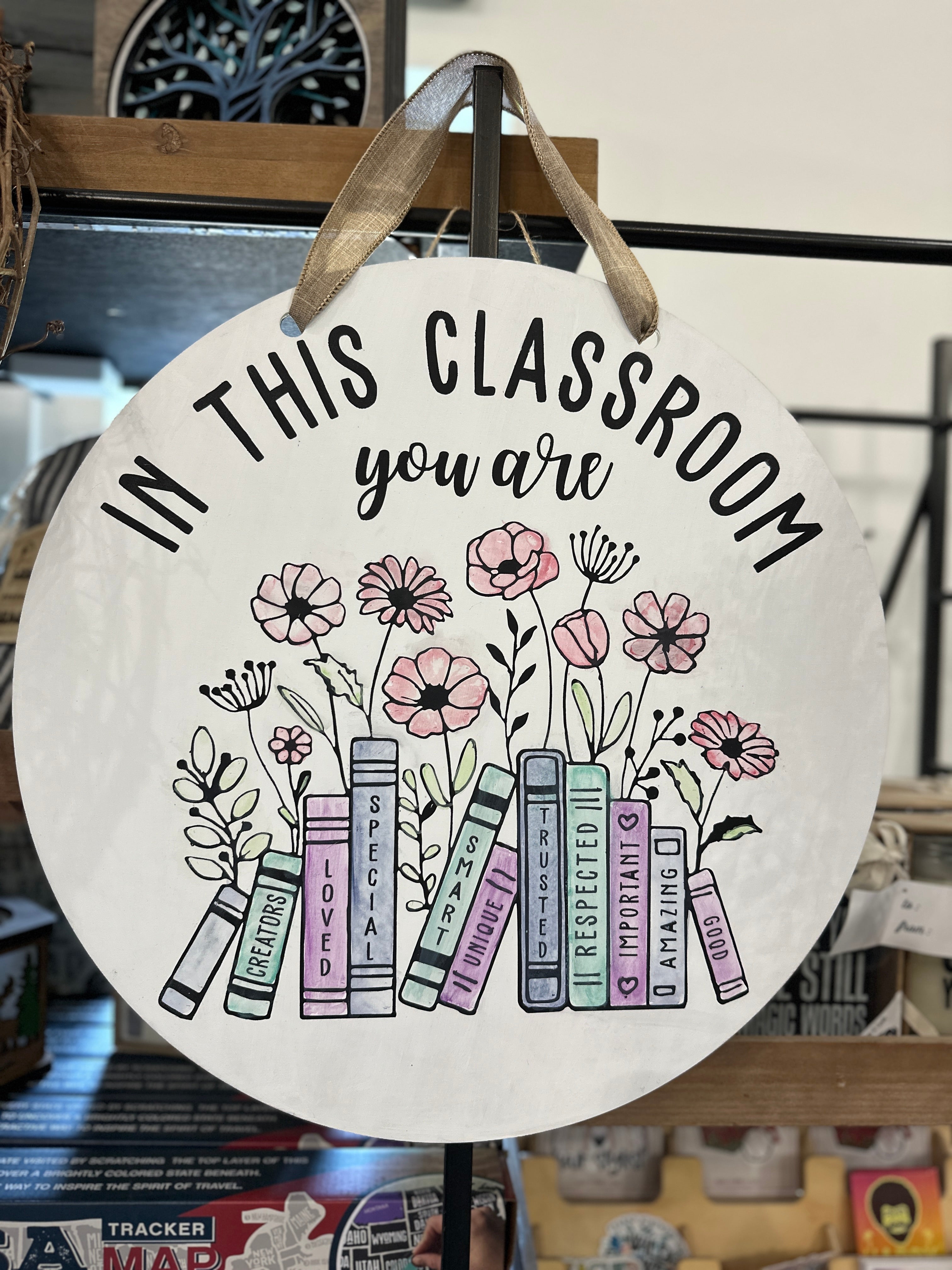 In This Classroom Books with Flowers (optional personalization) Door Hanger P03836