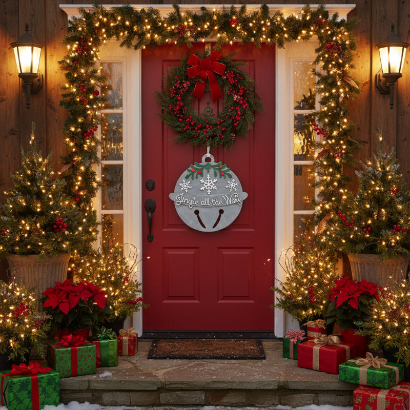 Decorative Christmas bell sign with 'Jingle all the Way' text on a wooden background