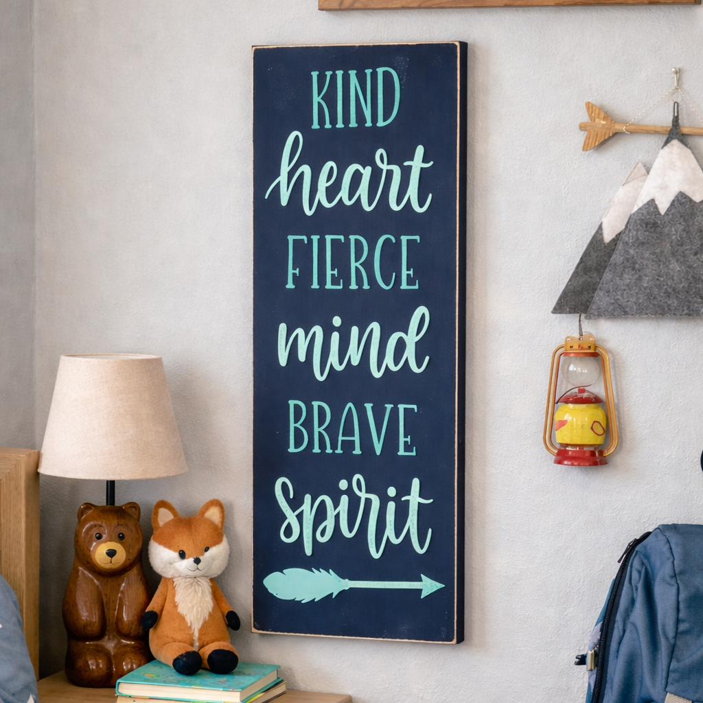 Children's bedroom with motivational wall sign, teddy bears, and backpack. DIY Project kit in Fernandina Beach< FL 