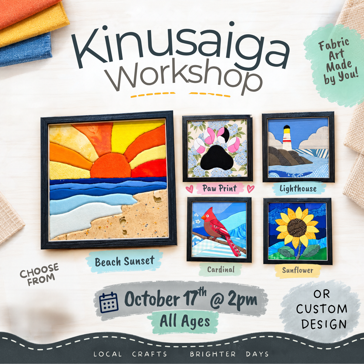 10.17.26 @ 2pm Kinusaiga Workshop – Japanese No-Sew Fabric Art G0736