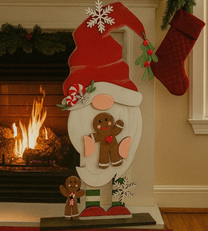 Decorative gnome with gingerbread men in front of a fireplace with Christmas decorations.