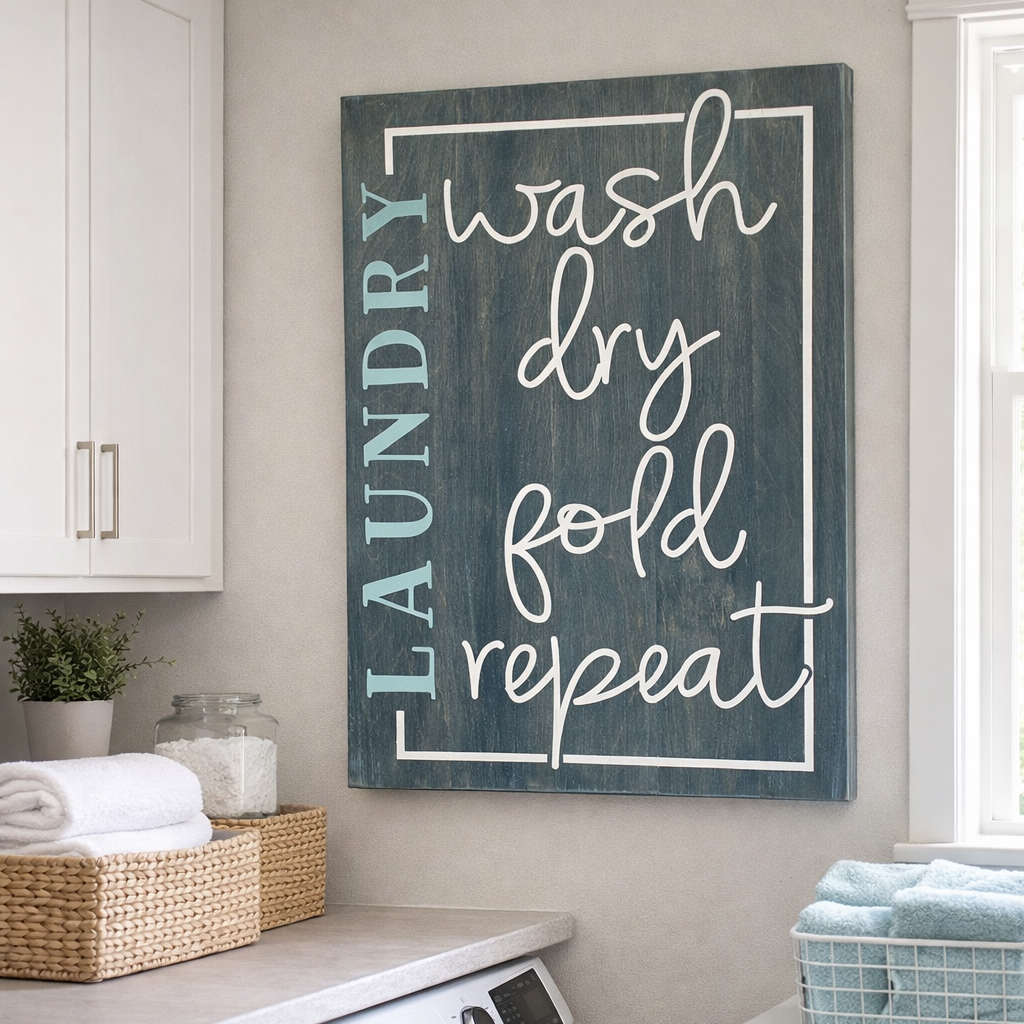 Laundry room with a sign that reads 'LAUNDRY wash dry fold repeat' on a wall above a washer and dryer.