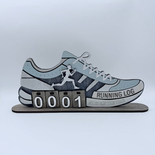 Decorative running shoe with a 'Running Log' feature on a white background