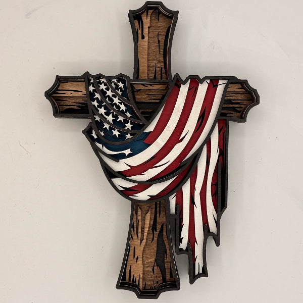 Layered Wooden American Flag Cross LASER PROJECT G476