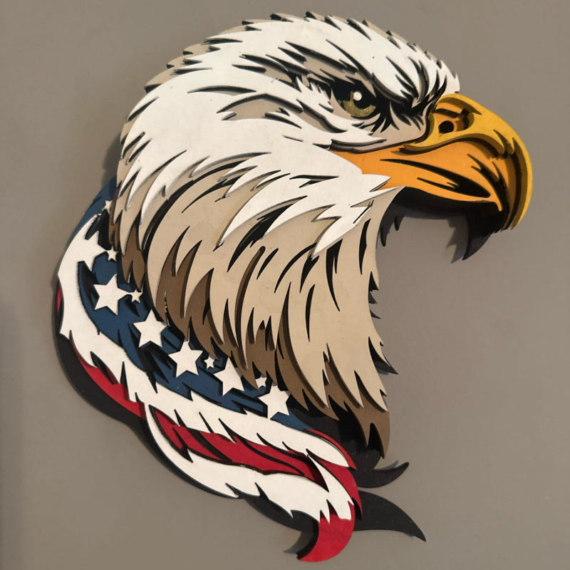 Decorative wall art of an eagle with American flag design on a plain background