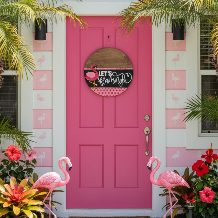 Decorative sign with flamingo and text 'Let's Flamingle' on a wooden board.