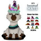 Stylized llama figurine with seasonal hats on a white background