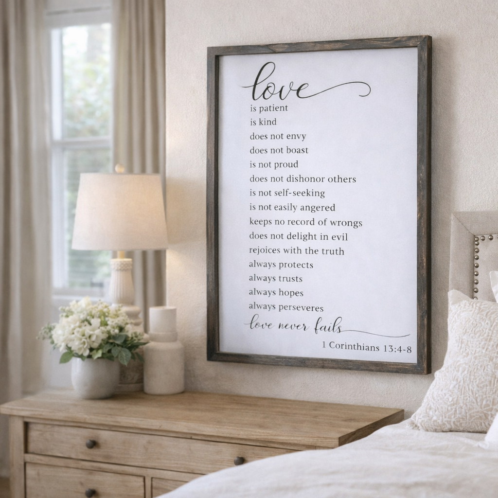 Bedroom with a framed quote on the wall above a bed and nightstand.