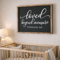 Nursery room with wooden crib, lamp, and framed quote on wall. Loved Beyond Measure Nursery Decor for Above Crib.  Baby Shower Gift. Baby Shower activity in Fernandina Beach. 
