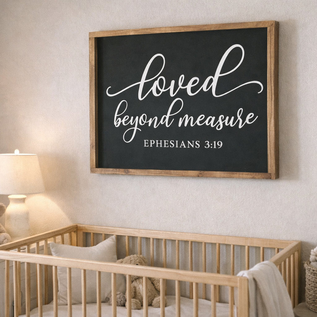 Nursery room with wooden crib, lamp, and framed quote on wall. Loved Beyond Measure Nursery Decor for Above Crib.  Baby Shower Gift. Baby Shower activity in Fernandina Beach. 