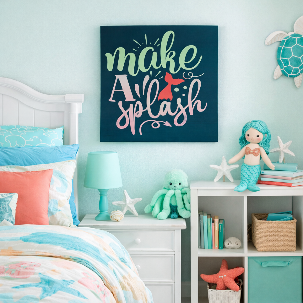 Children's bedroom with mermaid-themed decor, including a 'make a splash' sign and mermaid figurine.