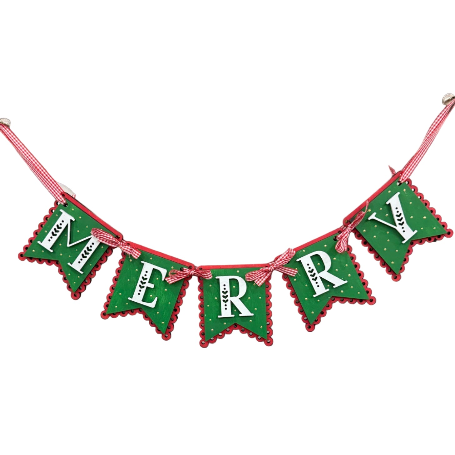 Decorative 'Merry' banner hanging in a storage area with shelves of white ceramic items.