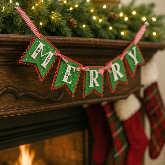 Christmas-themed fireplace mantel with 'Merry Christmas' banner, stockings, and garlands.