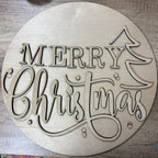 Wooden round sign with 'Merry Christmas' engraving on a wooden surface.