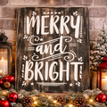 Decorative sign with 'Merry and Bright' on a festive fireplace mantel with Christmas decorations.
