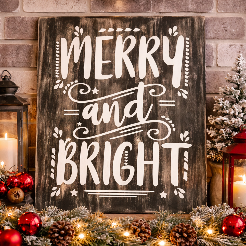 Decorative sign with 'Merry and Bright' on a festive fireplace mantel with Christmas decorations.