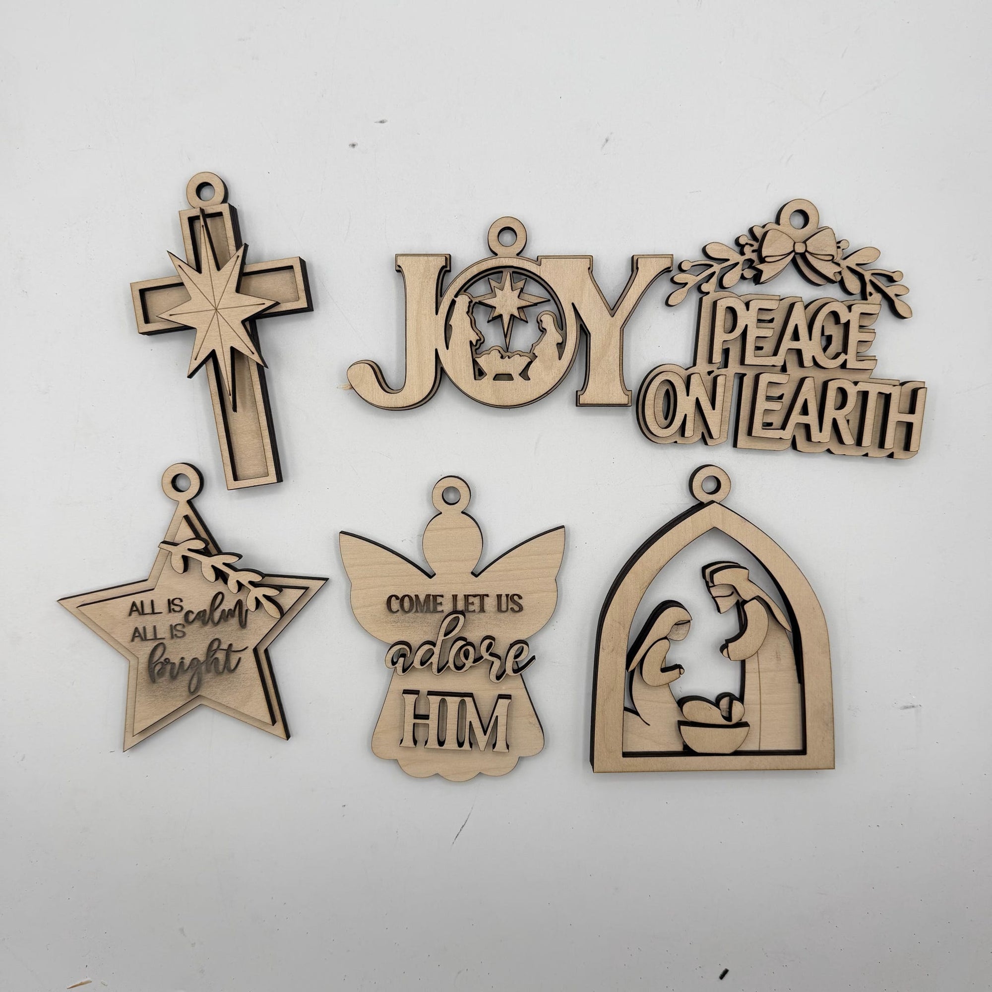 Nativity Christmas Ornaments – Set of 6 Layered Wood Faith Holiday Ornaments G0704