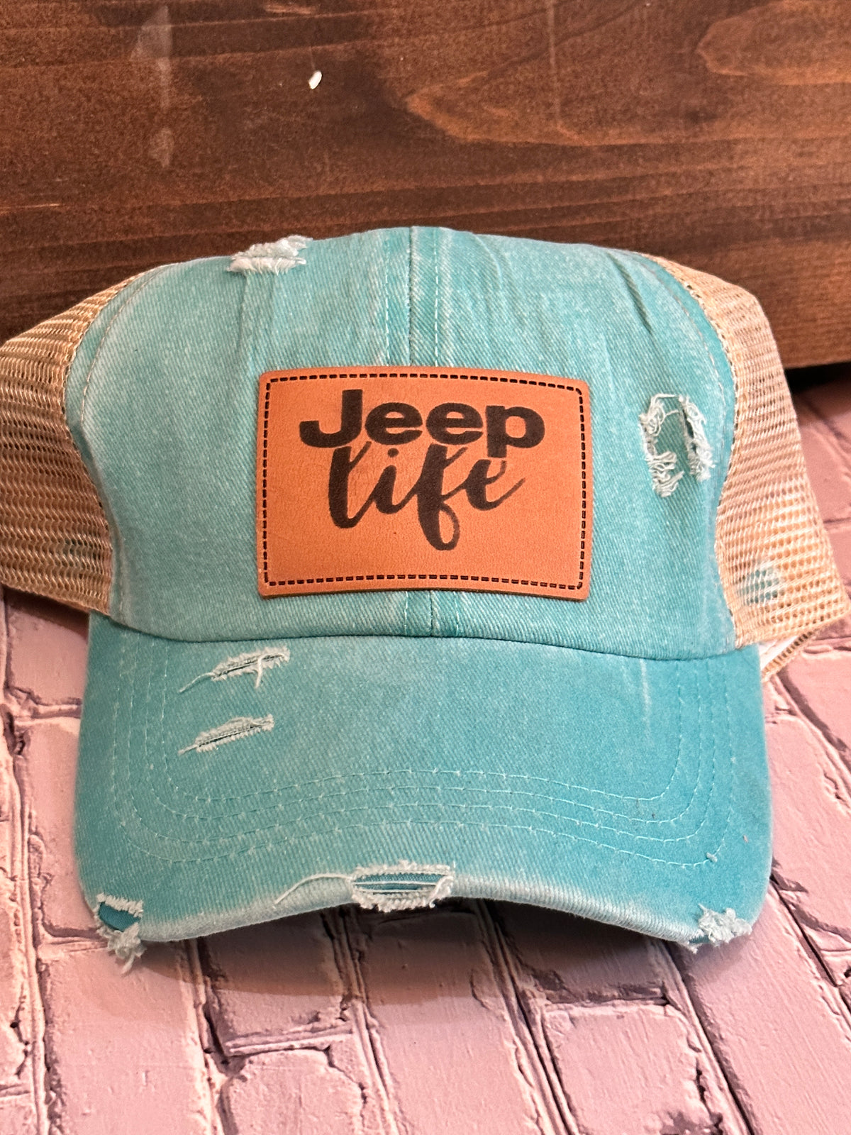 Off Road Vehicle Jeep Life Teal Ponytail Holder Hat P02726