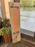 A 'Oh My Gourd it's Fall' porch sign with orange text on a gray plank background, featuring pumpkin illustrations on the side.