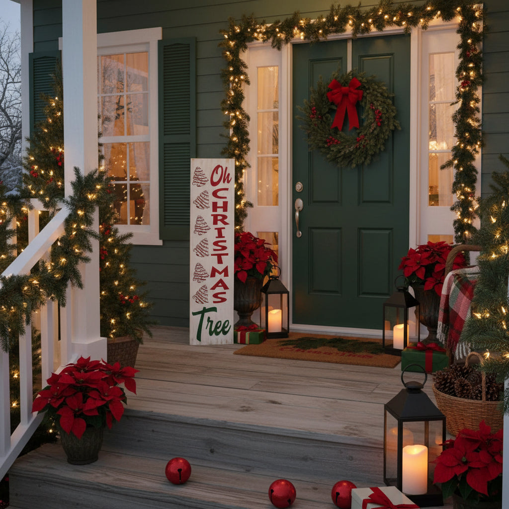 Wooden Christmas sign with 'Oh Christmas Tree' text and tree illustrations against a teal wooden background.