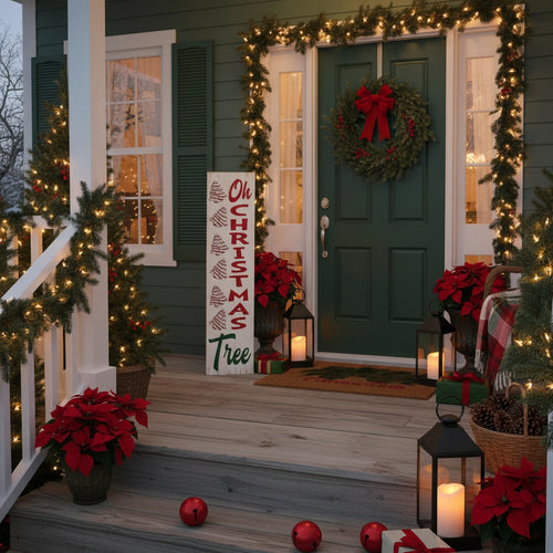 Wooden Christmas sign with 'Oh Christmas Tree' text and tree illustrations against a teal wooden background.
